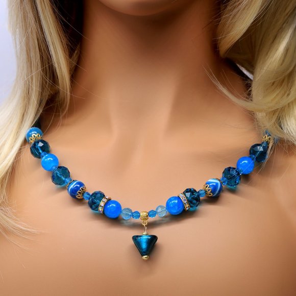 My Bead Emporium Jewelry - Necklace Blue Lamp Works Beads & Pendant. Lobster Clasp.